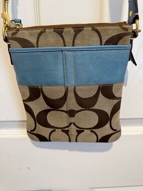 Coach Crossbody Bag in Brown Canvas with Blue Trim Pre-loved vintage Y2k